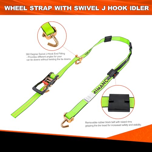 2" x 10'Car Hauler Straps,4Pack,Wheel Strap w/Swivel J Hook Idler | Tire Tie Down Straps with 3 Rubber Blocks Use for Car, Truck, ATV, Heavy Duty Ratchet Vehicle Trailer Tie Down Kit