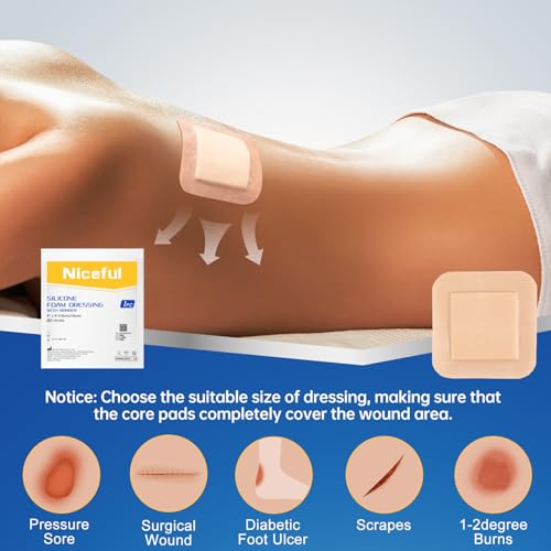 Niceful Silicone Foam Dressing 4"x4", Waterproof Silicone Bandages with Border Adhesive, High Absorbency Bed Sore Bandages Wound Care Dressing (2.5"X2.5" Pad), 5 Packs, FSA HSA Eligible | Bordered Silicone Foam, 5-Layer Exudate Lock, Waterproof Painless R