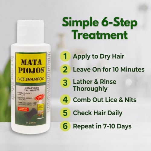 Mata Piojos Lice Shampoo, Maximum Strength Treatment, 2-Pack | Eliminates Head and Body Lice, 2 Fl Oz, Includes Comb, For Kids and Adults