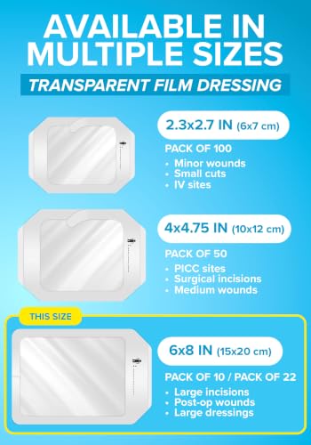 Transparent Film Dressing, 6x8 Waterproof Bandages | Pack of 22 | FSA&HSA - size: 6x8 22ct