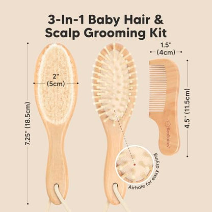 Keababies Baby Hair Brush and Comb Set and Baby Washcloths - Wooden Brush with Soft Goat Bristle - Washcloths for Newborns, Infants, Kids