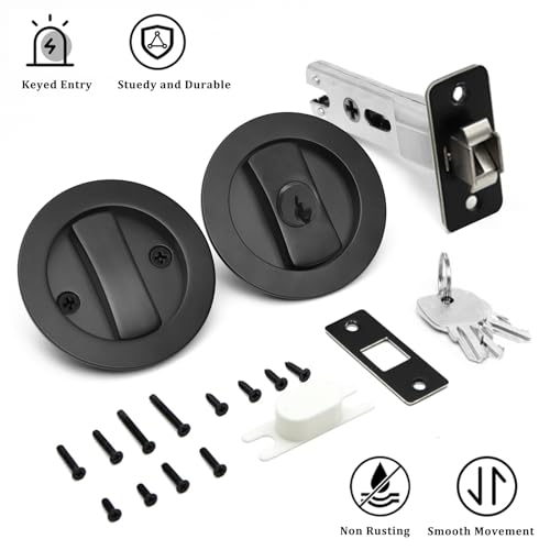 Dontay Pocket Door Keyed Lock, Round Contemporary Entrance Sliding Barn Door Lock Latch, Recessed 2 Sided, 2-3/8 inch Backset, Flush Handles Hardware(Satin Brass,2) - color: Satin Brass