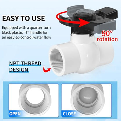 Boltigen 2Pack 1-1/2 inch NPT PVC Ball Valves, 1.5''Double Female NPT Threaded PVC Shut Off Valve with Full Flow Port, SCH40 Plastic Water Control Valve, for Swimming Pool, Irrigation, Sewage Pipes - size: 1-1/2 inch