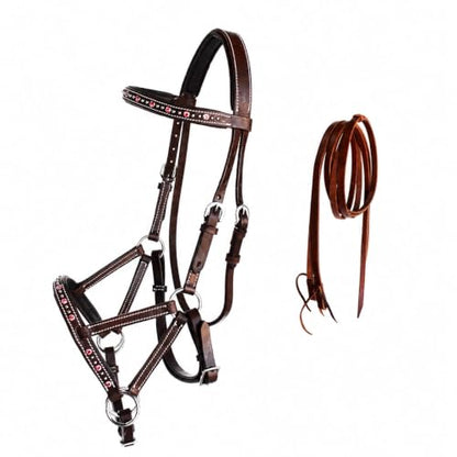 Horse Western Leather Beaded Bitless Sidepull Bridle Reins Rhinestone - color: Brown/Pink