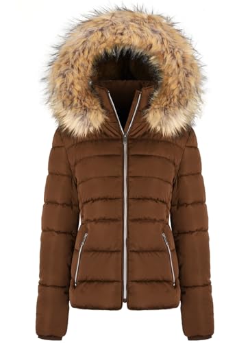 BodiLove Women's Fur Hooded Thickened Jacket with Fleece Lining - color: Light Brown W/ Silver Zipper, size: Medium