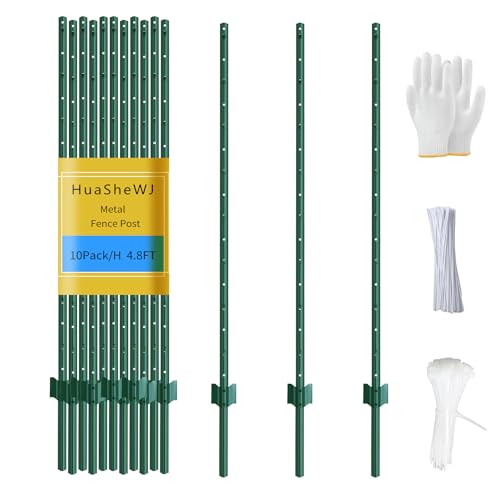 Metal Fence Post 4.8 Feet Green, Pack of 10, T Post for Wire Fence - color: Green 10pcs, size: 4.8 ft.