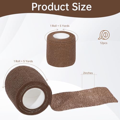 Self Adhesive Bandage Wrap, VIDELLY 2” x 5 Yards Cohesive Bandage Wrap Breathable Sports Athletic Wrap for Sports Wrist Skin Ankle (Brown, 12 Pack)