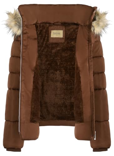 BodiLove Women's Fur Hooded Thickened Jacket with Fleece Lining - color: Light Brown W/ Silver Zipper, size: Medium