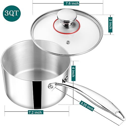 TeamFar 3qt Saucepan with Lid, Stainless Steel Tri-Ply Sauce Milk Pan - size: 3QT