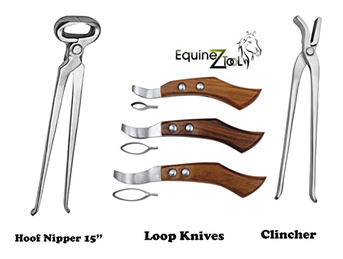 Hoof Nipper 15" with 12" Horse Shoe Nail Clincher & Farrier Loop Knives Hoof Knife Set – Professional Horse Hoof Trimming & Farrier Tools Kit for Horse Hoof Care