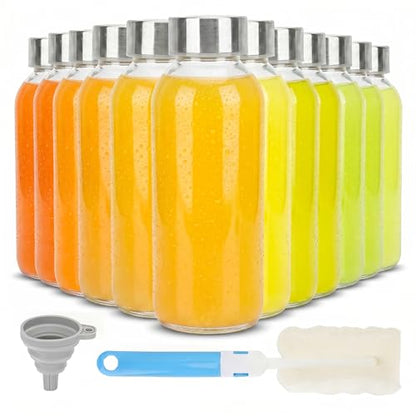 Zukro Glass Water Bottles with Stainless Steel Lids 12 oz, Set of 12 | Airtight, BPA Free 100% Leak Proof Reusable Clear Juice Bottles for Juicing, Smoothie, Milk, Drinking Jar Dishwasher Safe