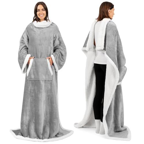 PAVILIA Sherpa Wearable Blanket with Sleeves and Pocket, Plush Thick Cozy Body Blanket Wrap for Adult Women Men, Christmas Gift for Wife Mom, Light Grey - color: Light Gray