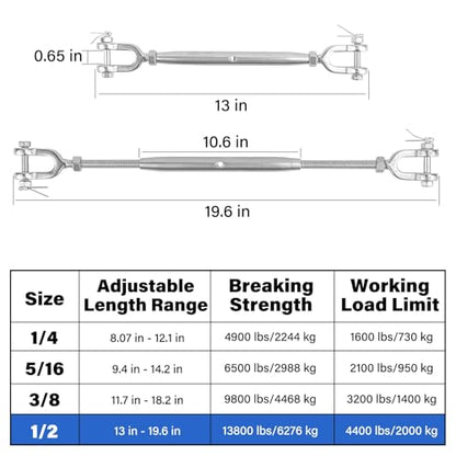 Turnbuckle, 1/2" 304 Stainless Steel Turnbuckle, 4400lbs Working Load Limit, Heavy-Duty Closed Body Jaw and Jaw Turnbuckles for Cables Wire Tensioner, Zipline, Shade Sails - size: 1/2in （1pcs）