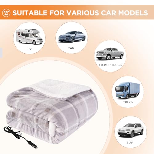 Westinghouse Heated Car Throw, Machine Washable, 59x43 Beige Buffalo Plaid - color: Beige Plaid