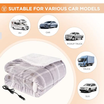 Westinghouse Heated Car Throw, Machine Washable, 59x43 Beige Buffalo Plaid - color: Beige Plaid