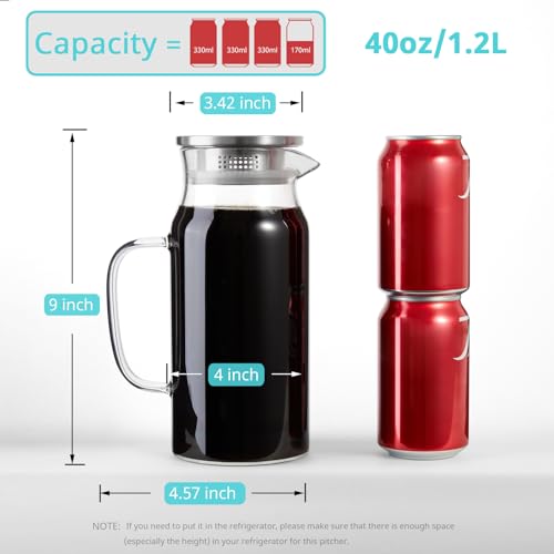 Bivvclaz 2 Pack 1.2 Liter 40 oz Small Glass Pitcher with Lid and Handle, Glass Carafe Water Pitcher for Hot/Cold Water, Iced Tea, Drinks, Coffee, Juice and Homemade Beverage - color: Clear, size: 40 Ounces (2 Pack)
