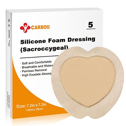 Carbou Silicone Sacrum Foam Dressing, 7.2"x7.2"(18cmx18cm), Box of 5 | Silicone Foam Dressing, Bordered Silicone Adhesive Sacral Foam Dressing for Bed Sore, Wound Care Products - size: 7.2x7.2 Inch (Pack of 5)