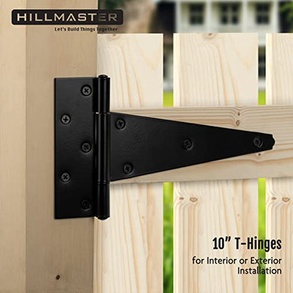 HILLMASTER 10 Inch T-Strap Heavy Duty Shed Door Hinges Gate Strap Hinges Black Tee Hinge Wrought Hardware for Wooden Fences,Yard,Barn Door,Rustproof (2 Pack) - size: 10in 2Pack