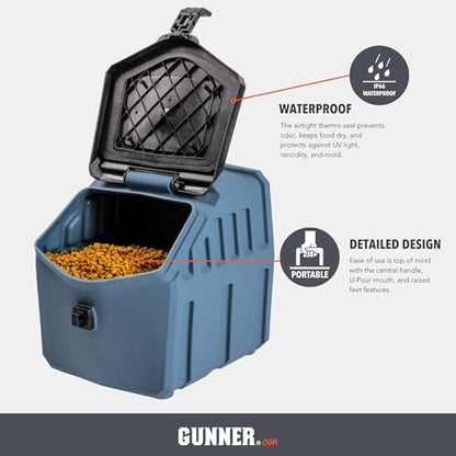 GUNNER 30 lbs Dog Food Storage Container with Measuring Scoop – Waterproof & Airtight Pet Food Bin for Dry Feed, Corn, Chicken Feed, Bird Seed, Treats & More – Ergonomic 3 Cup Scooper with Markers