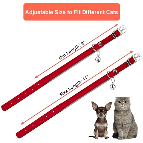 OOPSDOGGY Rolled Leather Cat Collar with Bell, Reflective Kitten Collars with Buckle Include Safety Elastic Strap - Adjustable Small Pet Collars for Boy Girl Cats (Red) - color: Red