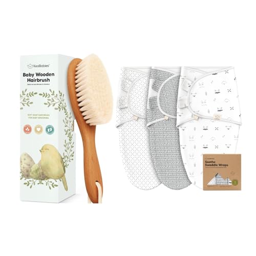 KeaBabies Baby Hair Brush and 3-Pack Baby Swaddle Sleep Sacks - Kids Hairbrush with Soft Goat Bristles - Newborn Swaddle Sack - Newborn Cradle Brush Set
