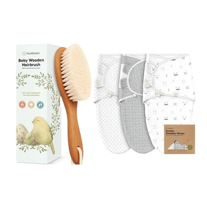 KeaBabies Baby Hair Brush and 3-Pack Baby Swaddle Sleep Sacks - Kids Hairbrush with Soft Goat Bristles - Newborn Swaddle Sack - Newborn Cradle Brush Set
