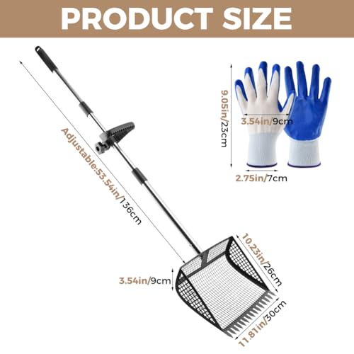 Chicken Poop Scooper, 2-in-1 Rake & Sifter, 24-68in Extendable Stainless Steel Handle with 12" Wide Metal Shovel Head, Poultry Litter Cleaner for Chicken Coop and Goat Stall
