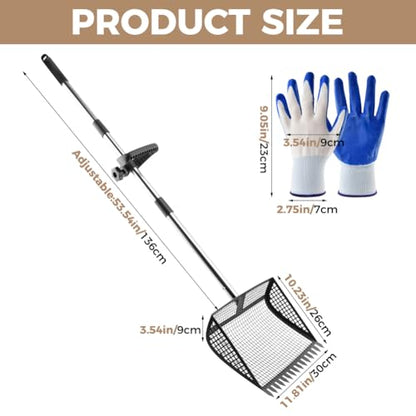 Chicken Poop Scooper, 2-in-1 Rake & Sifter, 24-68in Extendable Stainless Steel Handle with 12" Wide Metal Shovel Head, Poultry Litter Cleaner for Chicken Coop and Goat Stall