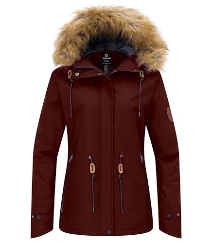 wantdo Women's Waterproof Ski Jacket Warm Fleece Lined Snow Winter Coat - color: Wine Red, size: Large