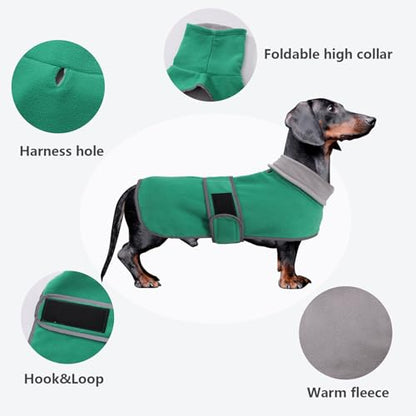 Dachshund Coats Sausage Dog Fleece Coat in Winter Miniature Dachshund Clothes with Hook and Loop Closure and high vis Reflective Trim Safety - Green - M - color: Green, size: Medium(Back: 17"-18"in)