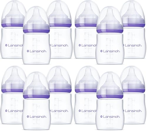 Lansinoh Anti-Colic Baby Bottles, BPA-Free Plastic, 5 Ounces, Slow Flow Nipples (Size S), Breastfeeding Bottle with NaturalWave Design, Baby Essentials (Pack of 12) - size: 1 Count (Pack of 12), style: 5 Ounce