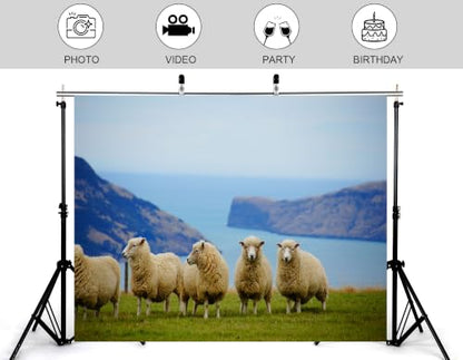 5x4ft Fabric Coastal Grassland Backdrop Wool Sheep Ocean Bay Hills Photography Background Tapestry Party Farm Countryside Scenery Decorations Banner Photo Booth Props - size: 5x4ft