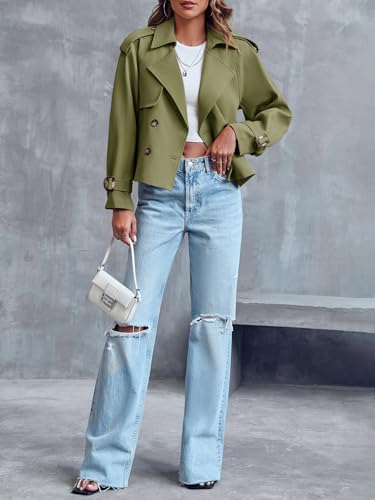 Saodimallsu Women Crop Double Breasted Trench Coat Short Cropped Jacket - color: Army Green, size: Medium
