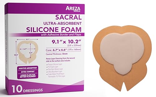 Areza Medical - Silicone Foam with Super-Absorbent Layer - Wound Dressing - Waterproof - with Adhesive Border - Sterile - Designed for Sacral Wounds - 9.1" x 10.2" - 10 PCS per Box - size: 9.1" x 10.2", 10 PCS