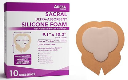 Areza Medical - Silicone Foam with Super-Absorbent Layer - Wound Dressing - Waterproof - with Adhesive Border - Sterile - Designed for Sacral Wounds - 9.1" x 10.2" - 10 PCS per Box - size: 9.1" x 10.2", 10 PCS