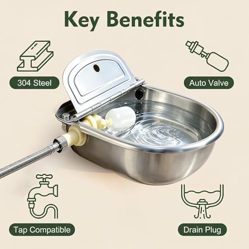 Automatic Dog Water Dispenser Outdoor Water Bowl for Dog, Chicken Livestock | Outside, Heavy Duty, Stainless-Steel, Multi-Pet Waterer Feeder, Float Valve