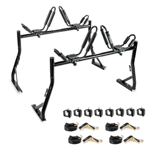 Model X35 Truck Rack with 8 Non-Drilling C-Clamps and 2 Sets Kayak J-Racks with Ratchet Lashing Straps & Ratchet Bow and Stern Tie Down Straps - color: KX-355