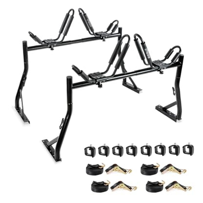 Model X35 Truck Rack with 8 Non-Drilling C-Clamps and 2 Sets Kayak J-Racks with Ratchet Lashing Straps & Ratchet Bow and Stern Tie Down Straps - color: KX-355