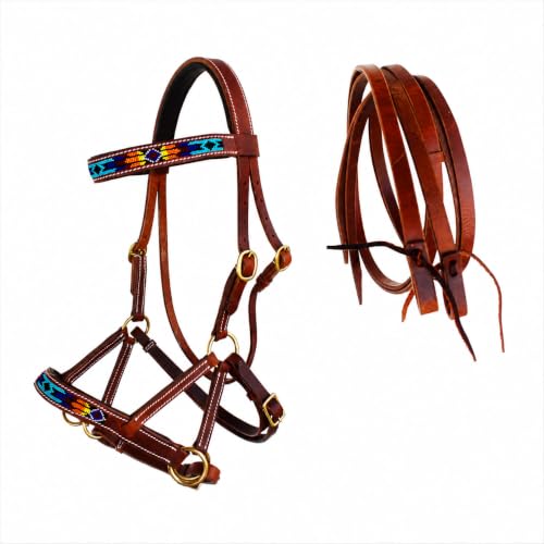 CHALLENGER Horse Western Leather Tack Beaded Bitless Sidepull Bridle Reins Brown 77RS16 - color: Tan/Beaded