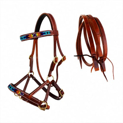 CHALLENGER Horse Western Leather Tack Beaded Bitless Sidepull Bridle Reins Brown 77RS16 - color: Tan/Beaded