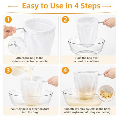 RAINFLOW 3PCS Ultra Fine Mesh Strainer Bags with Stainless Steel Handle | Reusable Nut Milk and Cheesecloth Filter Bags for Straining Milk, Coffee, Juice, Yogurt and Other Kitchen Foods