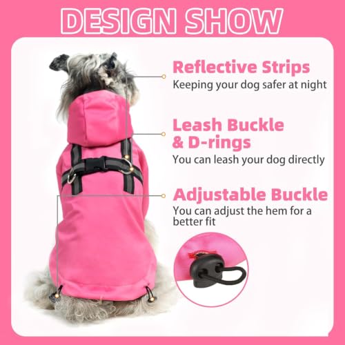 PUPTECK Dog Raincoat with Hood & Harness Built-in, Waterproof Dog Rain Jacket Slicker Poncho Reflective Vest Clothes for Rainy Snowy Winter Cold Days, Fuschia S - color: Fuschia, size: S (Back 13.2", Chest 18.5", Neck 13.9")