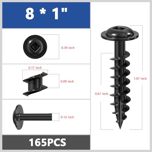 Wensilon (Black) Pocket Hole Screws # 8 * 1" 156pcs 1lbs Square Hole Wood Screws and Round Head Square Hole self Tapping Screws are Suitable for Wooden use.150MM,60MM Drive bit Included. - color: Black, size: 8*1"