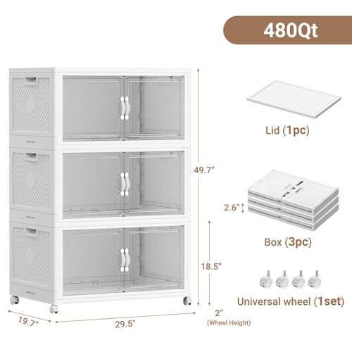 BROVIEW 480QT Large Stackable Storage Bins with Clear Doors, V20 3Pack | 120Gal Plastic Closet Organizer Cabinet with Lid and Wheels, Collapsible Latch Box Folding Drawer for Home, White - size: 160QT-3Pack
