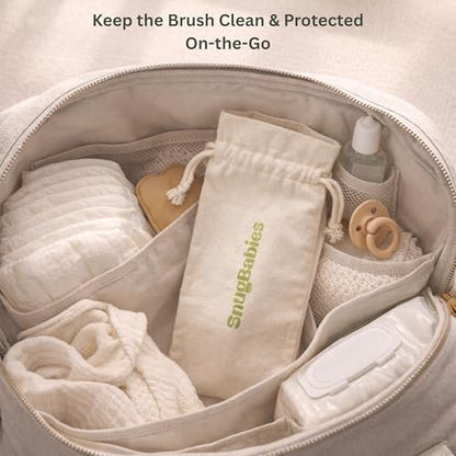 Wooden Baby Hair Brush with Natural Goat-Hair Bristles - Ultra Soft Baby Brush for Newborns & Infants with a Cotton Travel Pouch - Helps with Cradle Cap Care - 21cm Easy Grip Beech Wood Handle - size: Pack of 2