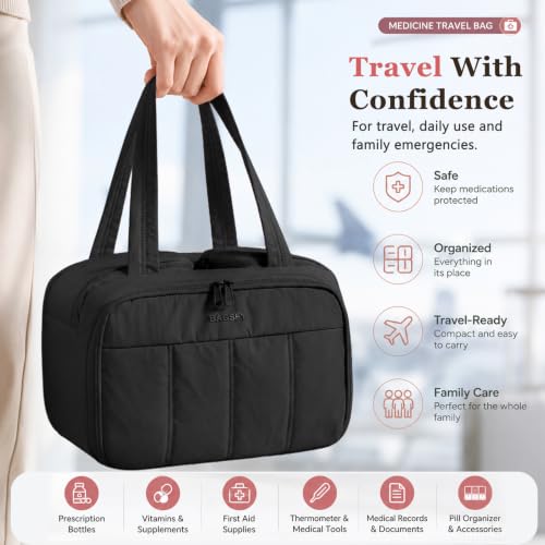 Travel Medicine Storage Bag with 2 Compartments, Wide-Mouth Medical Organizer, Puffy Lightweight First Aid Bag for Prescription Bottles, Pill Cases, Medical Supplies & Family Emergency Essentials - color: Black