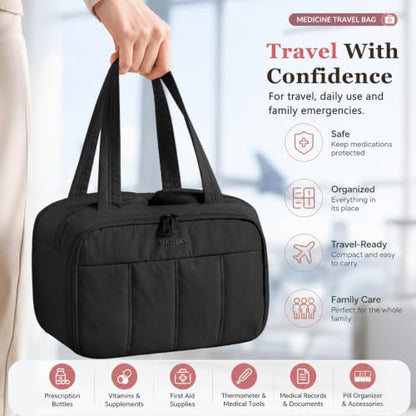 Travel Medicine Storage Bag with 2 Compartments, Wide-Mouth Medical Organizer, Puffy Lightweight First Aid Bag for Prescription Bottles, Pill Cases, Medical Supplies & Family Emergency Essentials - color: Black