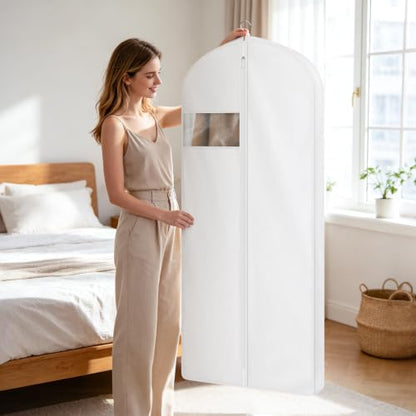 60" Cotton Garment Bag for Hanging Clothes, Dress Bags for Gowns | 2 Pack, Breathable Cotton Fabric, Strong Zipper, Organza Window, Dust Cover, For Closet Storage, Long Dress, Coats, White - size: 3"W x 60"H-2pcs