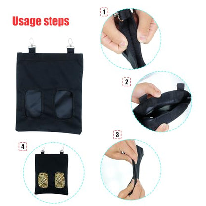 Rabbit Hay Feeder Bag Hanging Guinea Pig Hay Feeder with 2 Holes for Chinchilla Hamster Bunny Small Animal Pet Storage Pouch Black