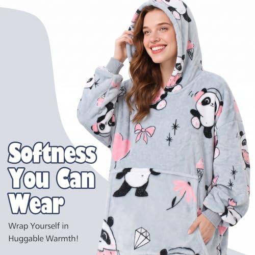 Catalonia Oversized Blanket Hoodie, Panda Print Fleece Wearable Blanket - color: Girl Panda Grey